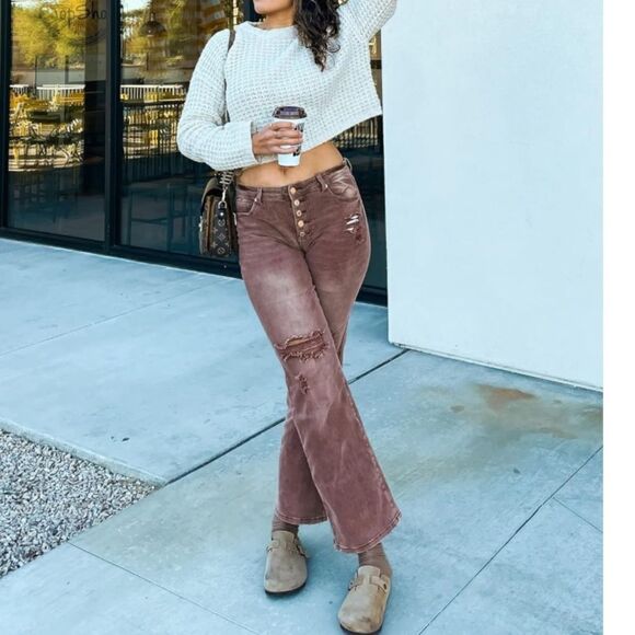 LookbookStore Brown High Waisted Distressed Flare Jeans - Picture 1 of 5